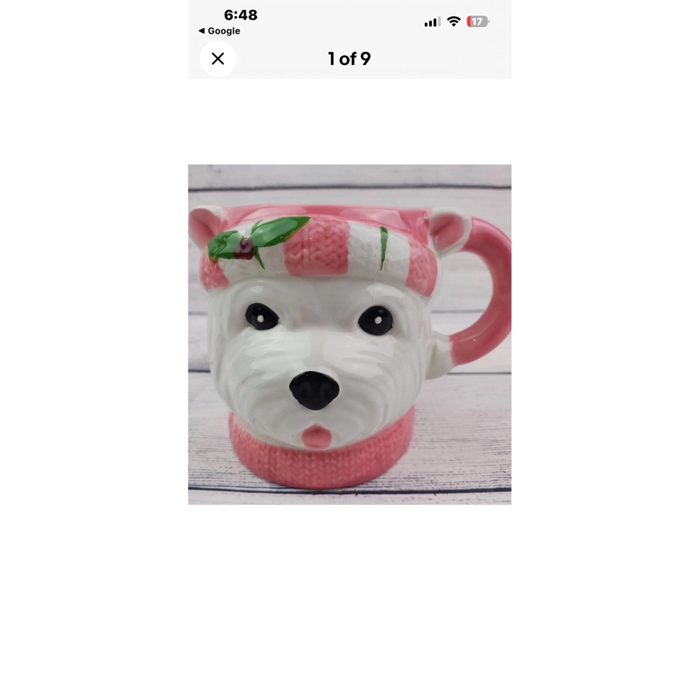 Sleigh Bell Bistro Westie Dog Coffee Mug Pink White Ceramic 3D Holiday Terrier